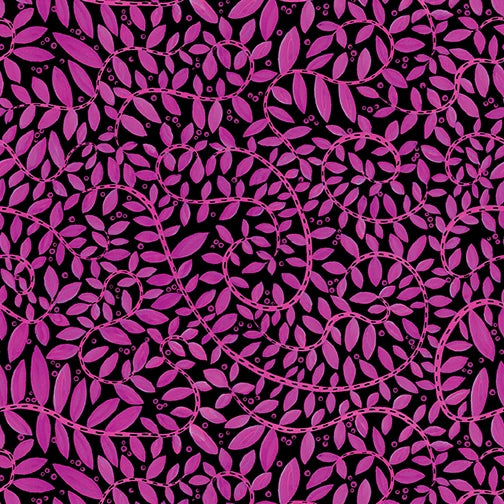 Folktown Cats Fuchsia/Black Fantasy Fern Fabric Yardage
