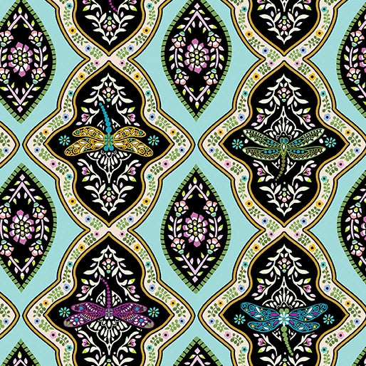 Jacobean Garden Teal Dragonfly Trellis Fabric Yardage - quilt fabric for sewing and quilting projects