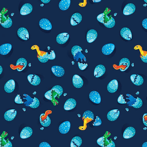 Dino Love Navy Just Hatched cotton quilting fabric with dinosaur egg print