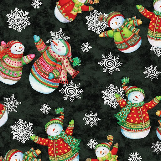 Snow Joy Black Snowmen Fabric Yardage - quilt fabric for sewing and quilting projects