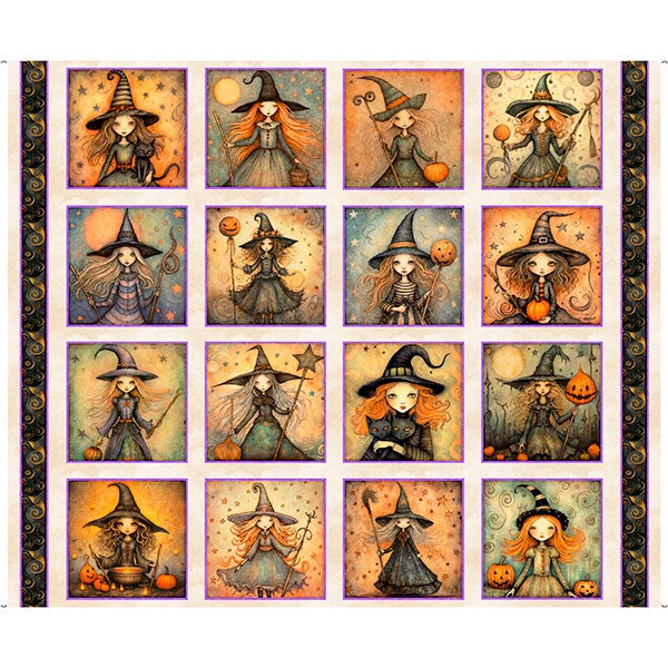 Witchypoo Tan Witch Picture Patches Panel - quilt fabric panel for quilting projects
