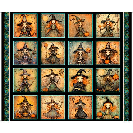 Witchypoo Black Witch Picture Patches Panel - quilt fabric panel for quilting projects