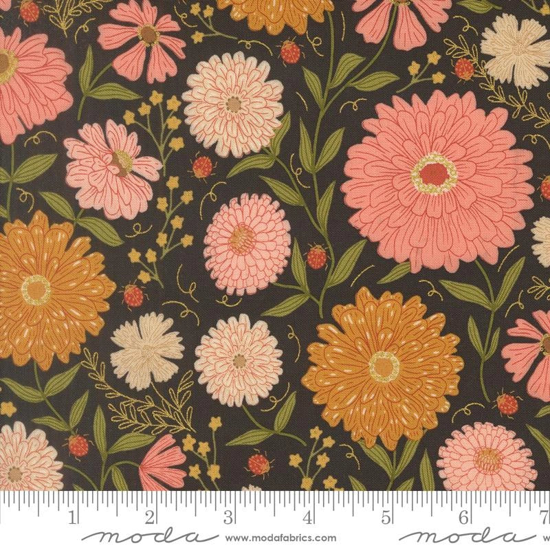 Ladybug Whimsy midnight zinnias ladybugs metallic cotton fabric yardage