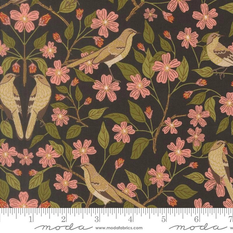 Ladybug Whimsy midnight blossoms birds metallic cotton fabric yardage