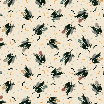 Witchy Wicked Cream Tossed Witches Fabric Yardage