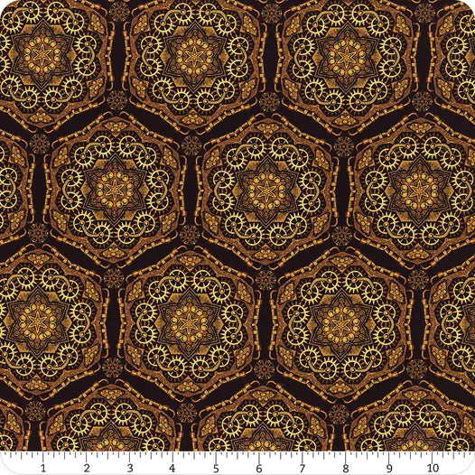 Steampunk Menagerie Gold Gear Stars Fabric Yardage - quilt fabric for sewing and quilting projects