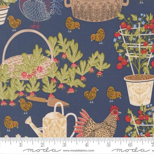 The Henhouse Chicken Garden Landscape and Nature Denim Fabric Yardage - quilt fabric for sewing and quilting projects