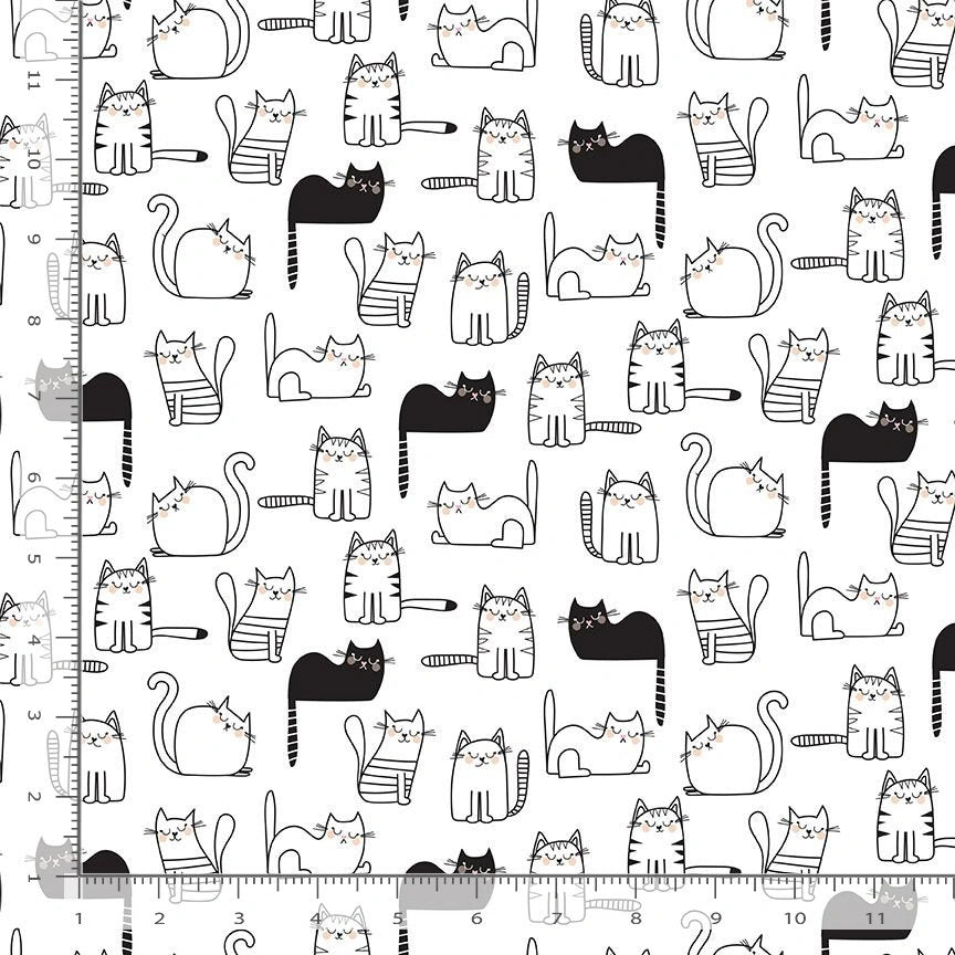 Smitten Kitten White Cats Nap Time Fabric Yardage