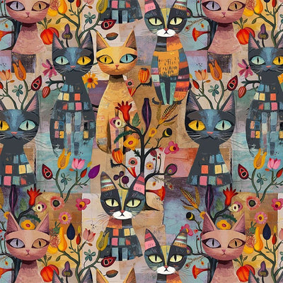Feline Folk Bright Packed Cat & Floral Fabric Yardage