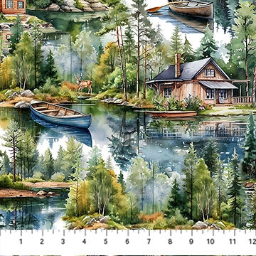 Lakeside Retreat Brown Multi Scenic Fabric Yardage - quilt fabric for sewing and quilting projects