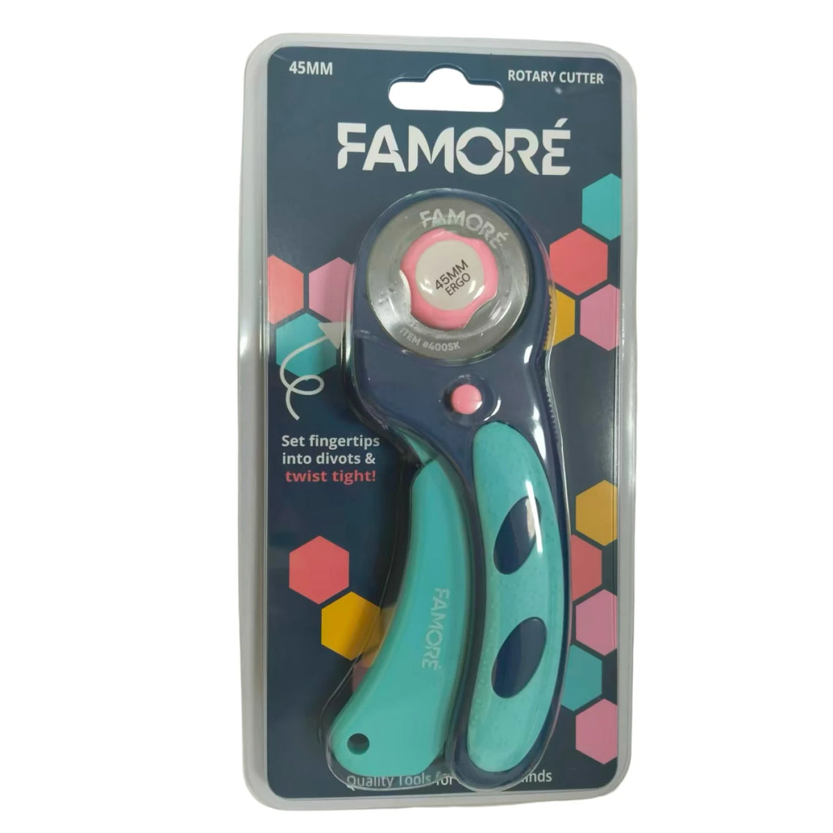 Famore 45mm ergonomic rotary cutter cutting through quilt fabric