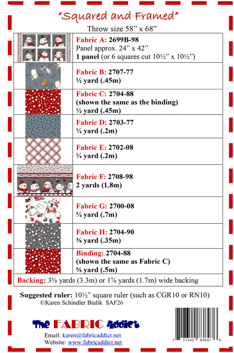 Squared and Framed Quilt Pattern fabric requirements and yardage chart