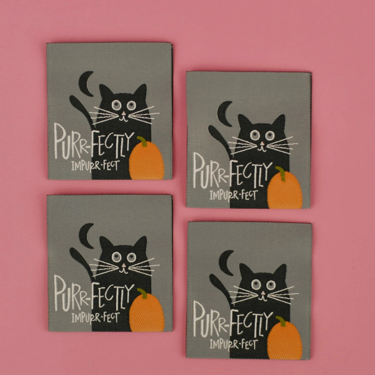 Purrfectly Impurrfect cat-themed sew-in quilt labels pack