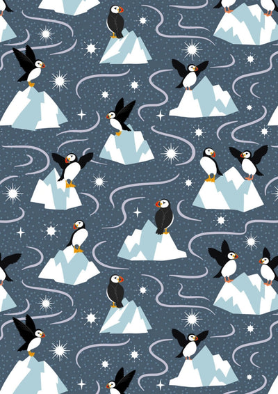 Where the Sky Dances Dark Blue Puffins Fabric Yardage