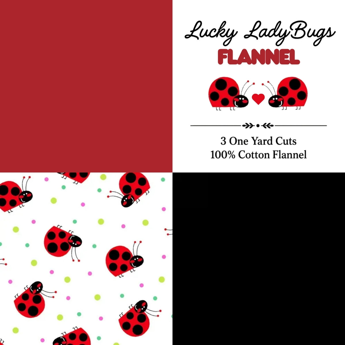 Lucky Ladybugs flannel fabric 3 yard bundle with bright ladybug print