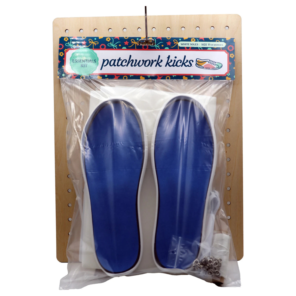 Patchwork Kicks blue arch insoles with white flat sole bases in packaging