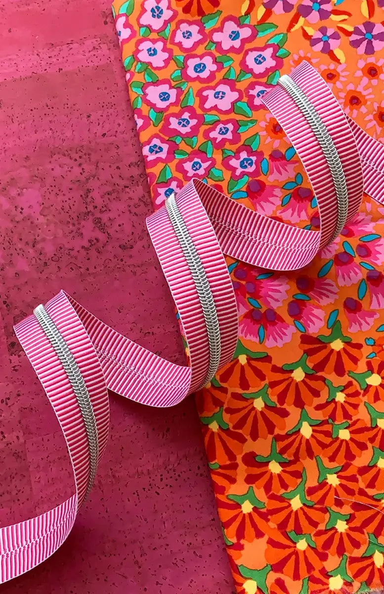 Pink Stripe Zipper Tape with Nickel Teeth 3 Yards