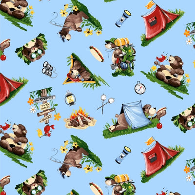 Barron Goes Camping Light Blue Tossed Bears Fabric Yardage
