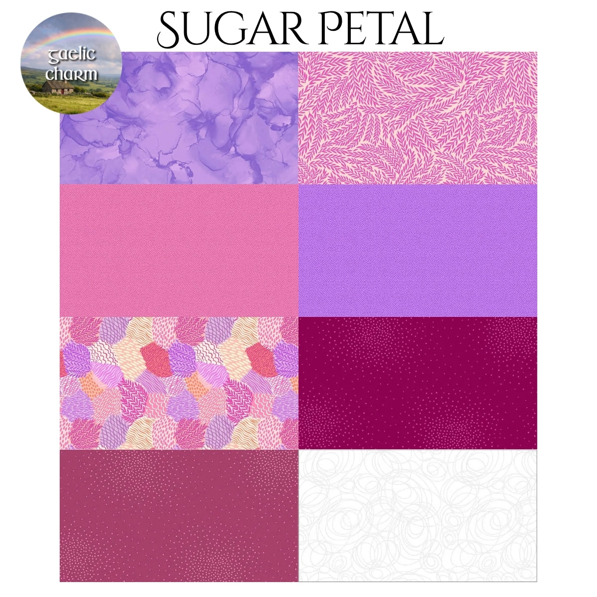 Sugar Petal fabric swatches for Mystery Five-0 Gaelic Charm mystery quilt