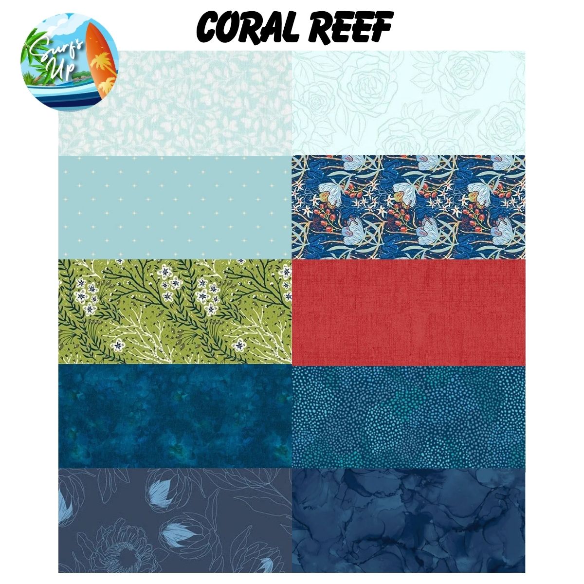 Mystery Five-0 Surfs Up Coral Reef fabric swatches in ocean blues and coral