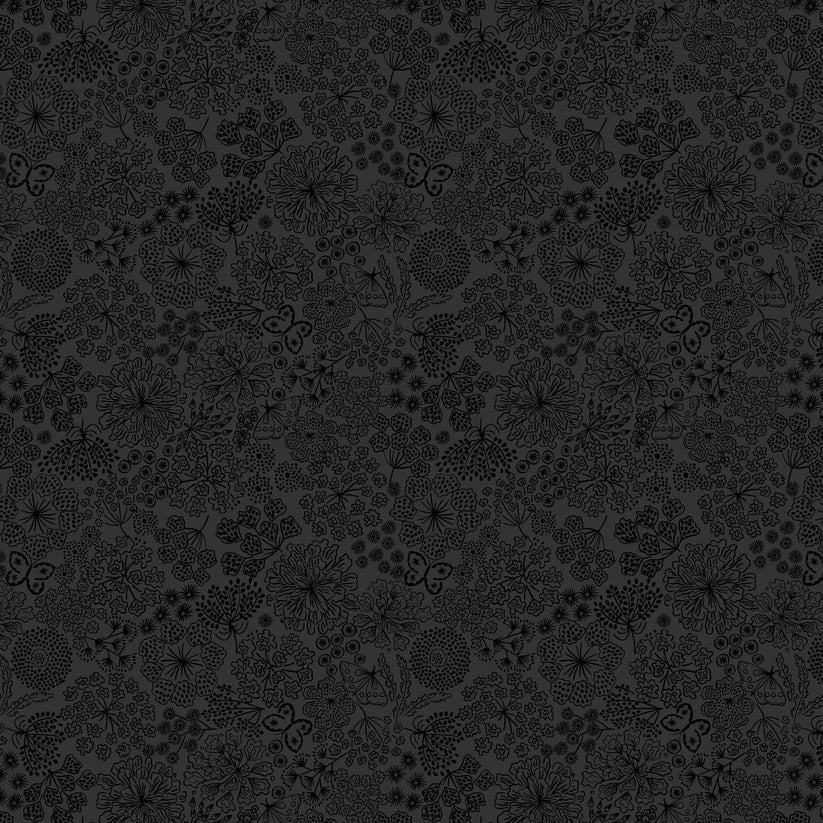 Tiny Tonals black on black Butterfly Floral tonal fabric yardage