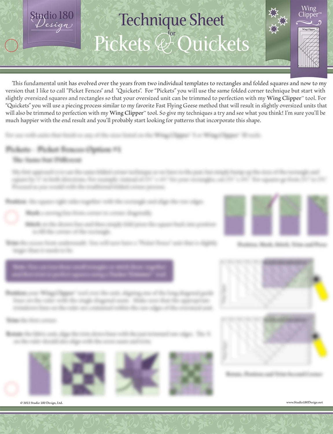 Studio 180 Pickets and Quickets Technique Sheet by Deb Tucker - quilting technique reference guide