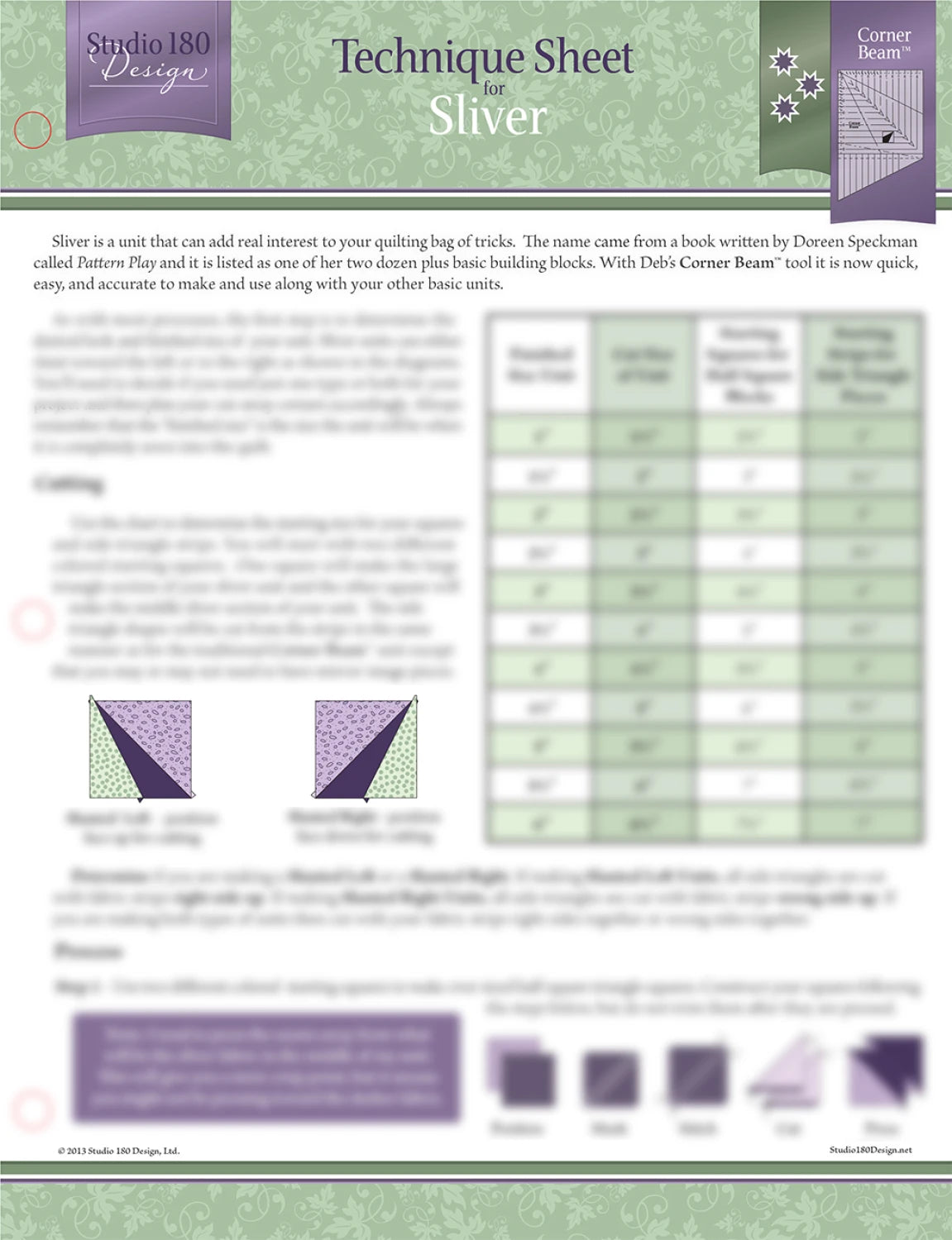 Studio 180 Sliver Technique Sheet by Deb Tucker - quilting technique reference guide