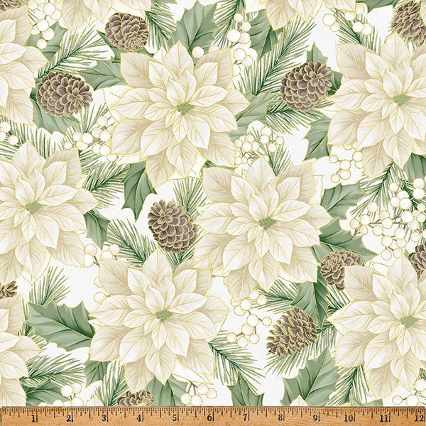 Christmas Wish Parchment Gold Poinsettia Fabric Yardage - quilt fabric for sewing and quilting projects