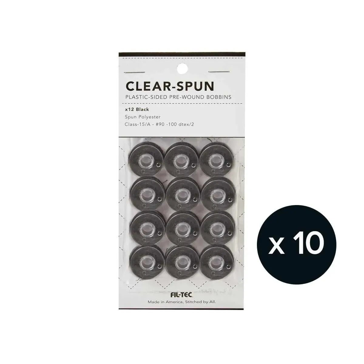 Clear Spun - 1 Bag of 12 Bobbins - Class 15A #90 Black - quilting machine bobbin