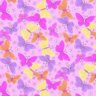 Comfy Flannel Pink Tossed Butterflies & White Flowers Flannel Fabric Yardage