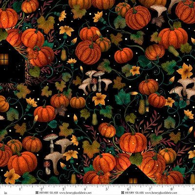 Harvest Haunt Black Pumpkin House Silhouettes Fabric Yardage
