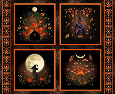 Harvest Haunt Black Block Panel by Blank Quilting - four-block Halloween fabric panel