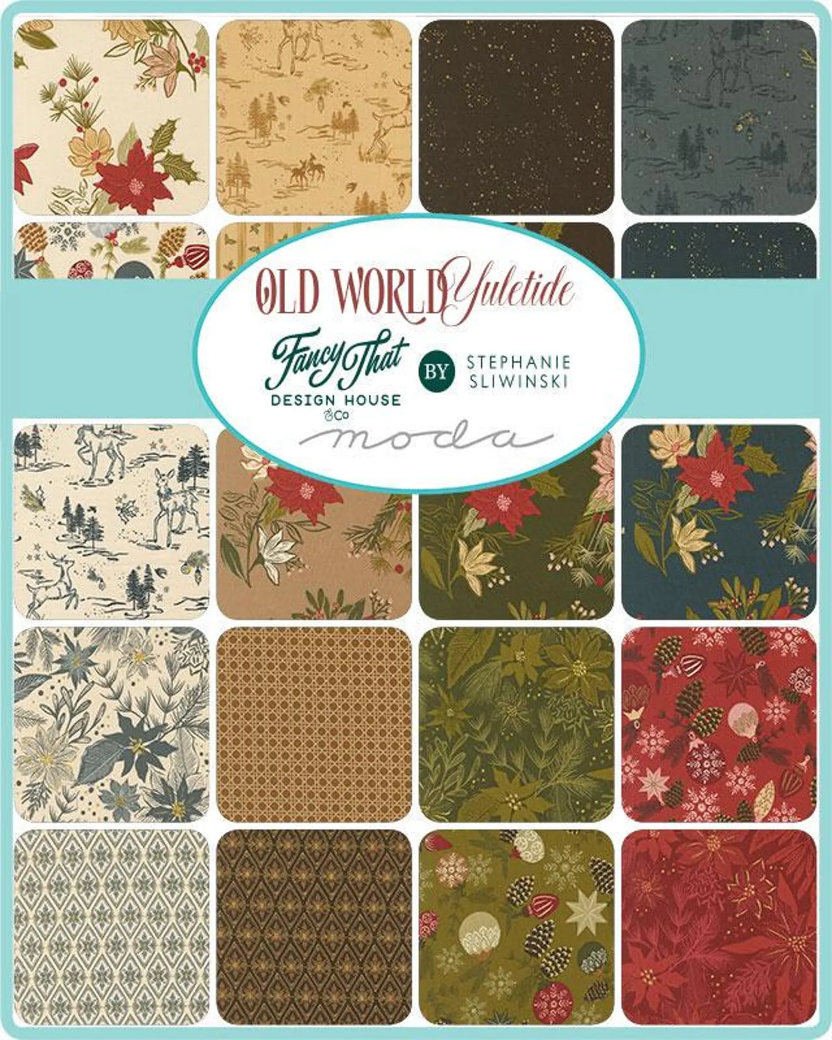 Collection of fabric swatches with various patterns and a 'Old World Yuletide' label.