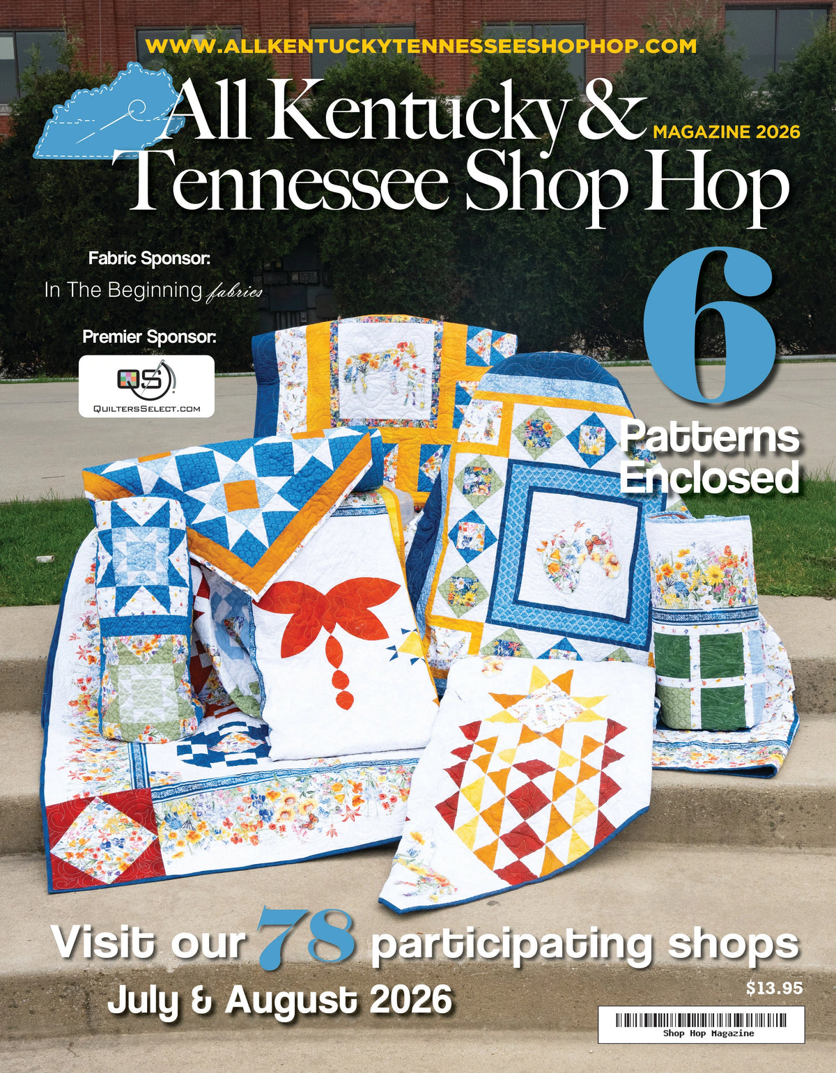 The All Kentucky Tennessee Shop Hop Magazine 2026 Edition by Quilted Joy features six exclusive patterns and event info for July & August 2026, inviting you to a sewing adventure surrounded by vibrant quilts.