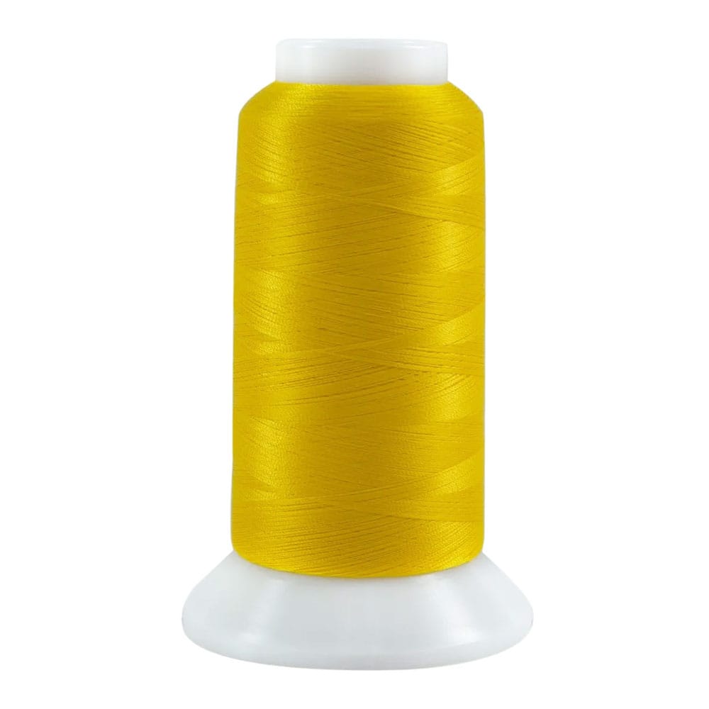 A spool of bright yellow thread is wound around a cylindrical white plastic base, standing upright against a plain white background.