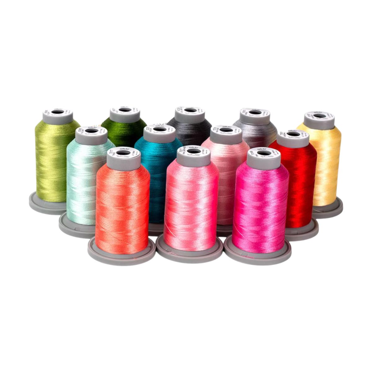 Eleven spools of thread in various colors, including green, blue, orange, pink, red, yellow, and gray, arranged in two rows on a white background.