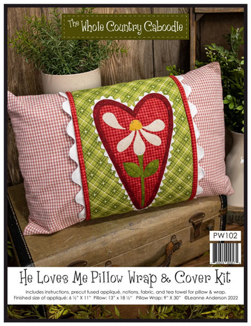 He Loves Me Valentine's Day pillow wrap and cover embroidery kit front