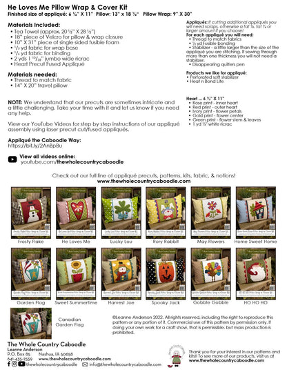He Loves Me Valentine's Day pillow wrap and cover embroidery kit back