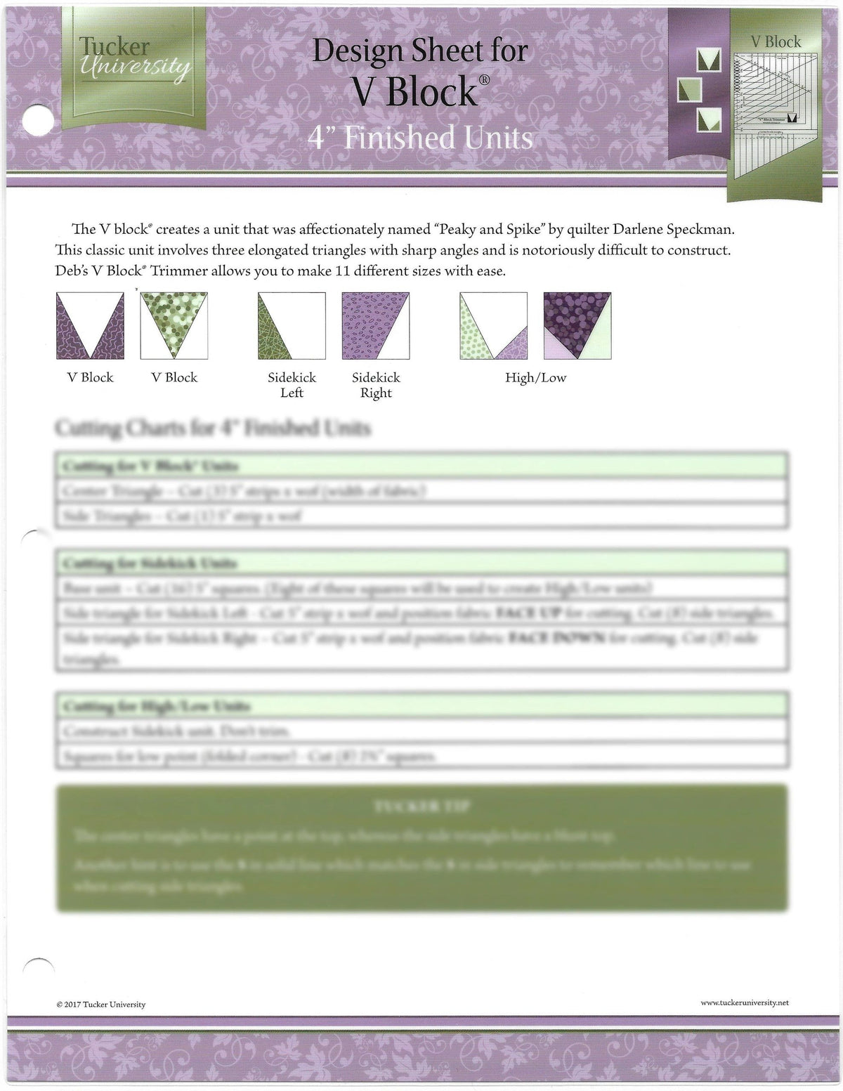 Tucker University V Block quilting design sheet