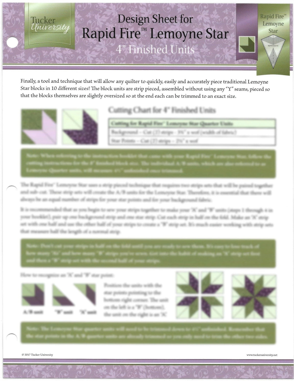 Tucker University Rapid Fire LeMoyne Star design sheet for Studio 180 rulers
