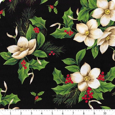 Christmas Blooms Black 108" Wide Quilt Backing Fabric