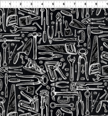 Sketchbook Prints black and white tools fabric yardage