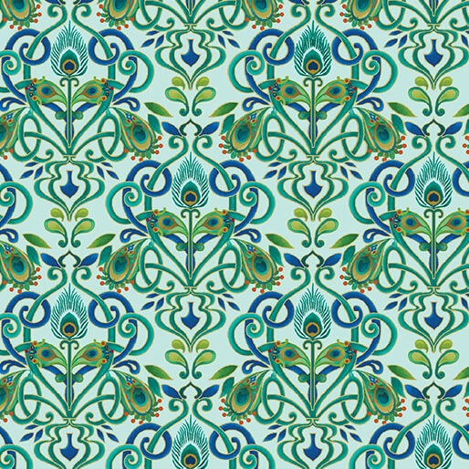 Peacock Symphony Feather Medallion Light Turquoise Fabric Yardage