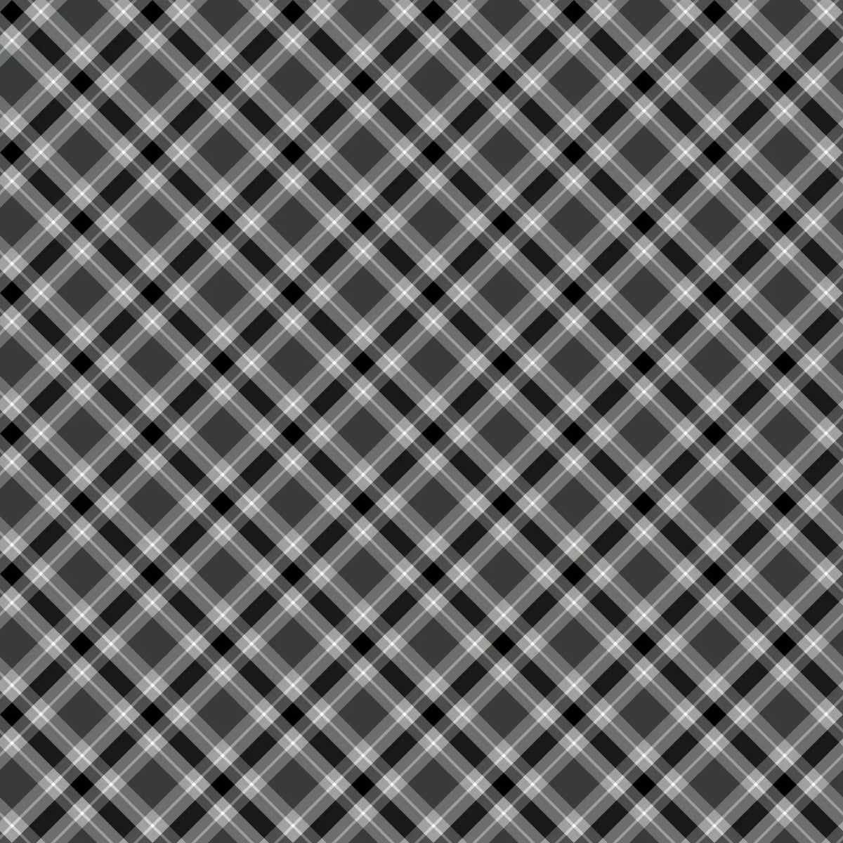 The Quilted Joy Bitty Back Pack Plaid Grey 55" x 108" wide quilt fabric features a seamless grey plaid with black, white, and gray diagonal lines and diamond shapes—ideal for quilting or wide fabric projects.