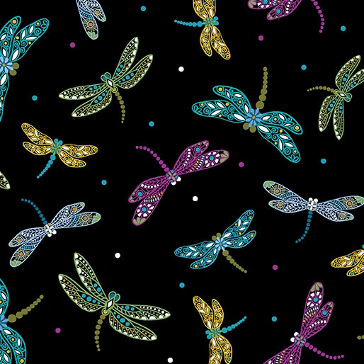 Jacobean Garden Black Bejewed Dragonfly  Fabric Yardage - quilt fabric for sewing and quilting projects