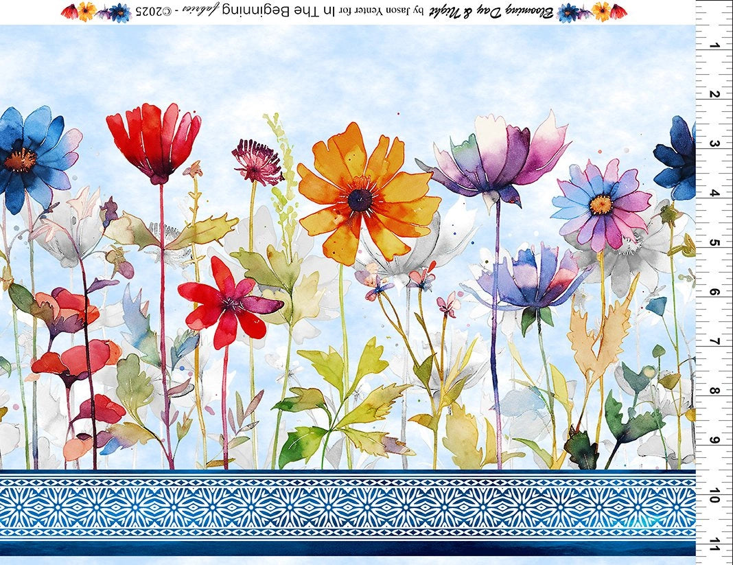 Blooming Day & Night Blue Border Fabric Yardage
