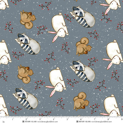 Snow Folks Gray Blue Critters Fabric Yardage