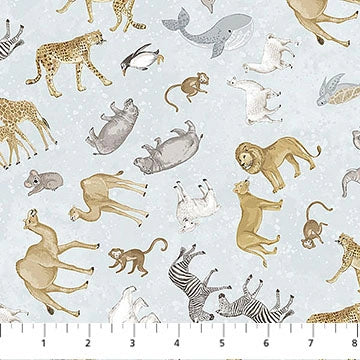 Two by Two Pale Blue Small Animal Toss Fabric Yardage - quilt fabric for sewing and quilting projects