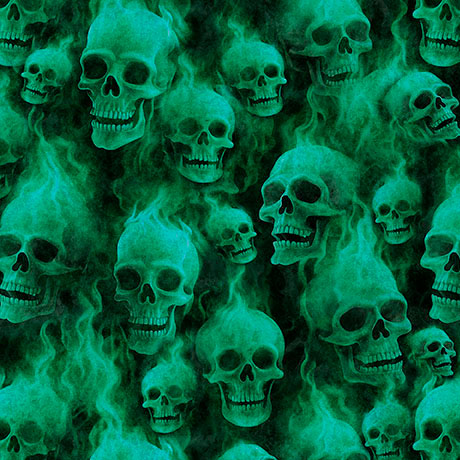 Flaming Skulls, jade, by QT Fabrics