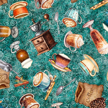 Grab Bag Season 3 Dusty Teal Coffee Toss Fabric Yardage - quilt fabric for sewing and quilting projects